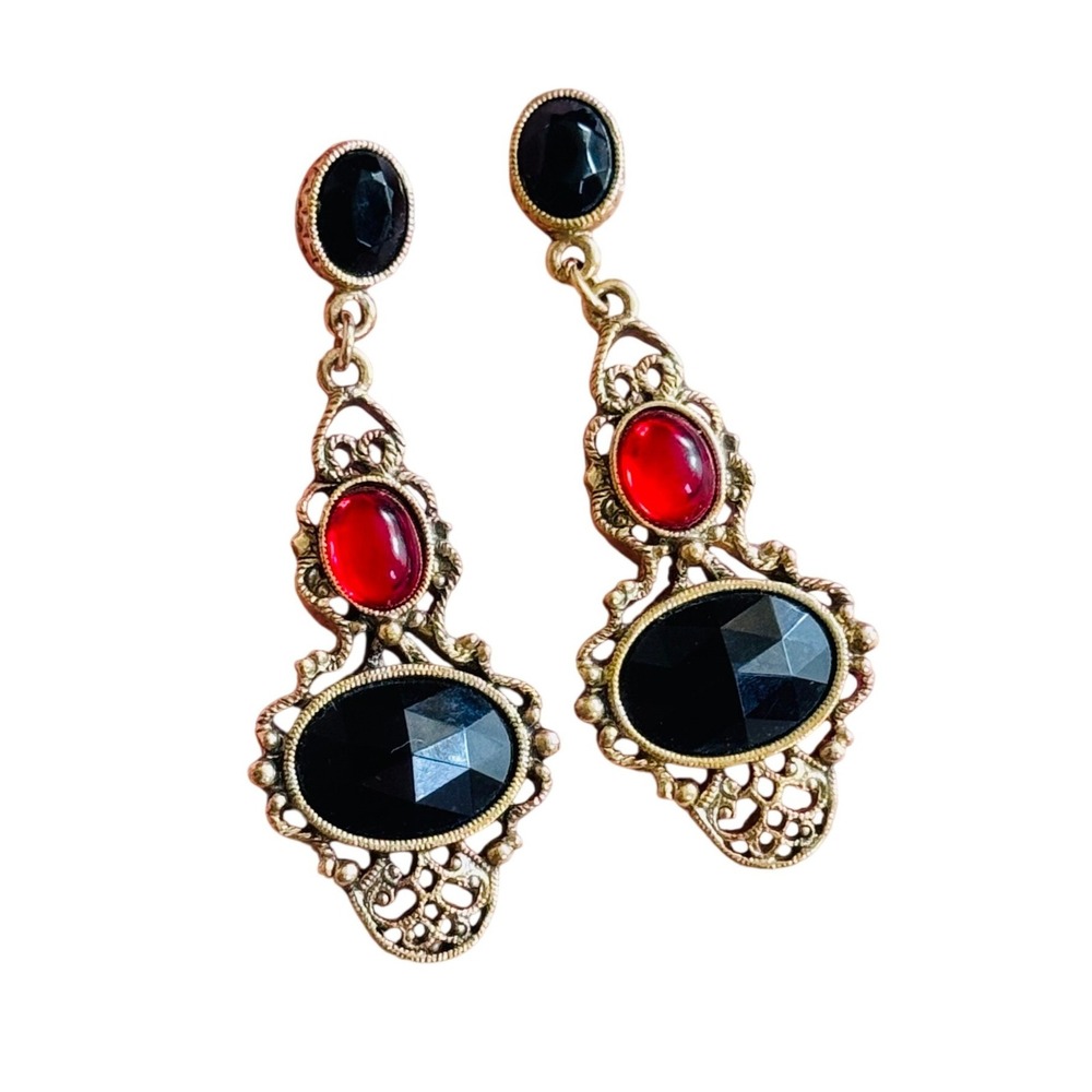 VTG 1928 Co Dangle Earrings Pierced Cabochon Jeweled Victorian‎ Goth regency